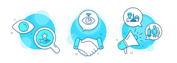 Loyalty program, Cleaning service and Medical vaccination line icons set. Handshake deal, research and promotion complex icons. Eye laser sign. Bonus star, Bucket with mop, Syringe vaccine. Vector
