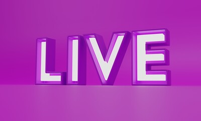Beautifull bright Live Lettering over purple background. 3d render neon for live streamings or news