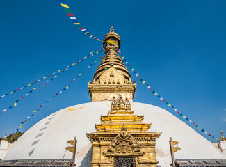 The dome and gold spire of Swayambhunath Stupa Kathmandu, Nepal