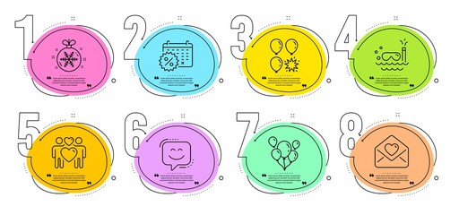 Calendar discounts, Scuba diving and Love letter signs. Timeline steps infographic. Balloons, Smile face and Balloon dart line icons set. Love couple, Christmas ball symbols. Vector