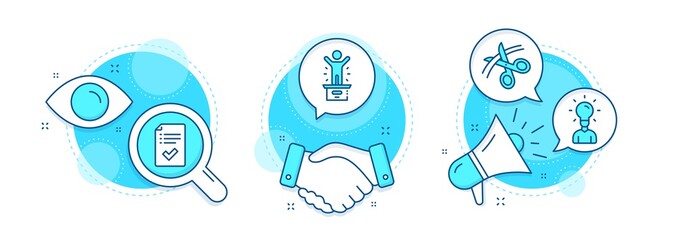 Education, Winner podium and Scissors line icons set. Handshake deal, research and promotion complex icons. Approved checklist sign. Human idea, First place, Cutting ribbon. Accepted message. Vector