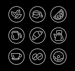 COFFEE and TEA LINEAR ICONS SET, contains Icons of tea, tea bag, Coffee machine, cake, sugar, teapot, cup, milk, cream, Lemon, chocolate bar, Editable stroke