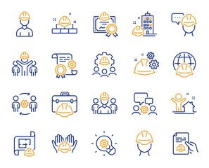 Engineering line icons. Teamwork, People and Technical documentation. Blueprint with gear, engineer and construction helmet set icons. Technician, industrial people, engineering process. Vector