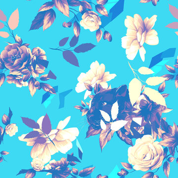  Seamless pattern of black panther with flowers and leaf around on blue. Abstract artwork for textile, fabric and other using. Hand drawn illustration. vector - stock.