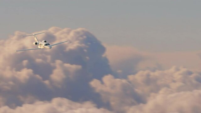 Aerial view of private plane flying above the clouds in the sunset, camera panning the aircraft, 3d render