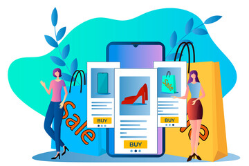 Online purchases.Digital marketing. Modern communication technology.Online shopping.People shop online using their smartphones.Flat vector illustration.
