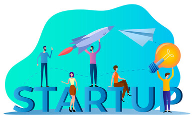 Start-up.Rocket and paper plane as a symbol of the search for ideas.People are developing new ideas .Brainstorming.Flat vector illustration.
