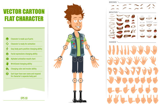 Cartoon flat bearded hipster man character in jeans shorts and jerkin. Ready for animation. Face expressions, eyes, brows, mouth and hands easy to edit. Isolated on white background. Big vector set.