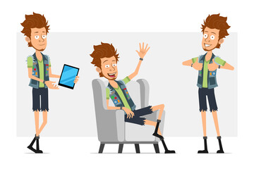 Cartoon flat funny bearded hipster man character in jeans shorts and jerkin. Ready for animation. Boy holding tablet, showing hello and thumbs up gesture. Isolated on gray background. Vector icon set.