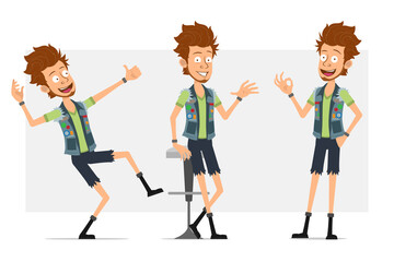 Cartoon flat funny bearded hipster man character in jeans shorts and jerkin. Ready for animation. Boy standing and showing hello, okay, thumbs up gesture. Isolated on gray background. Vector icon set.