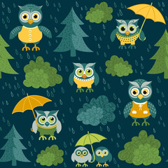 Owls in summer seamless pattern.  Vector background for fabric, textile, wallpaper, posters, gift wrapping paper, napkins, tablecloths. 