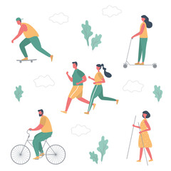 Fototapeta na wymiar Summer people activities in park. Men and women run, ride a bicycle, on an electric scooter, on a skateboard, engaged in Nordic walking. Healthy lifestyle concept. Flat style. Vector illustration