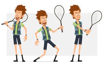 Cartoon flat funny bearded hipster man character in jeans shorts and jerkin. Ready for animation. Sport boy standing and playing with tennis racket. Isolated on gray background. Vector icon set.