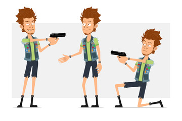 Cartoon flat funny bearded hipster man character in jeans shorts and jerkin. Ready for animation. Boy shaking hands and shooting with pistol. Isolated on gray background. Vector icon set.