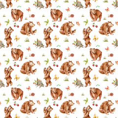 illustration seamless pattern with brown bears and berries