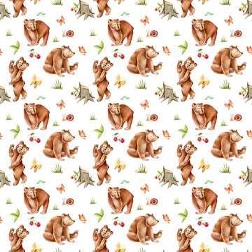 illustration seamless pattern with brown bears and berries