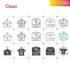 clean icon set. included shirt, package, towel icons on white background. linear, bicolor, filled styles.