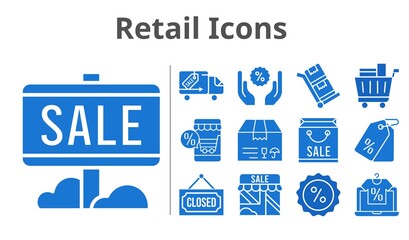 retail icons set. included online shop, shopping bag, sale, shop, package, price tag, shopping cart, discount, closed, delivery truck, trolley icons. filled styles.