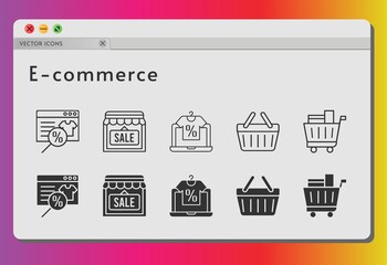 e-commerce icon set. included online shop, shop, shopping cart, shopping-basket, shopping basket icons on white background. linear, filled styles.