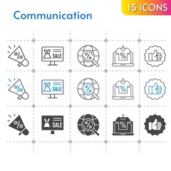 communication icon set. included megaphone, online shop, like, internet icons on white background. linear, bicolor, filled styles.