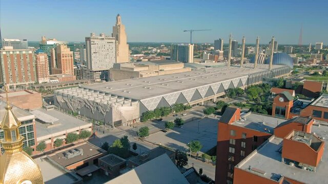 Aerial: Kansas City Convention Center and downtown cbd. Missouri, USA