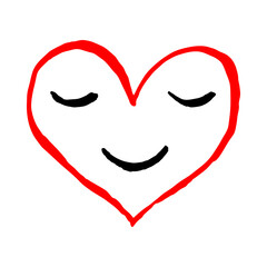 Red heart smiling. Face with smile emoji icon. Sketch drawing was drawn with brush and ink. Recolorable shape isolated from background. Vector illustration is a graphic element for artistic design.