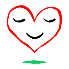 Red heart smiling. Face with smile emoji icon. Sketch drawing was drawn with brush and ink. Recolorable shape isolated from background. Vector illustration is a graphic element for artistic design.