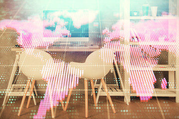 Double exposure of business theme drawing and office interior background. Concept of success