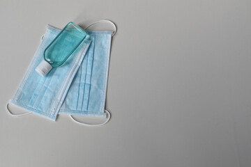 Covid-19 prevention set of gloves, surgical masks and hand sanitizer, coronavirus prevention concept
