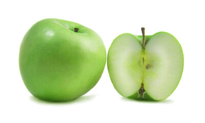 sliced green apple with a whole apple on a white isolated background