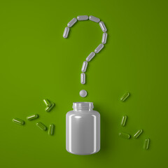 Question mark made from capsules and a white jar on a green background. Tablets, vitamins, supplements. 3D render.

