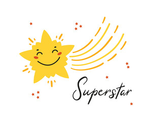 Doodle Shooting Star. Yellow Cute Kawaii Falling Stars. "Superstar" Greeting Card for Kids. T-shirt Print, Poster for Nursery, Baby Shower, Holiday or Birthday Party Design
