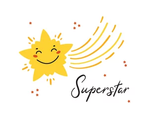 Fotobehang Doodle Shooting Star. Yellow Cute Kawaii Falling Stars. "Superstar" Greeting Card for Kids. T-shirt Print, Poster for Nursery, Baby Shower, Holiday or Birthday Party Design  © AllNikArt