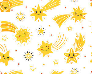 Fototapeta na wymiar Little Cute Falling Stars Vector Seamless Pattern. Starry Sky Background of Doodle Different Shooting Star Kawaii Characters. Festive Stars Wallpaper. Holiday and Birthday Party Design 