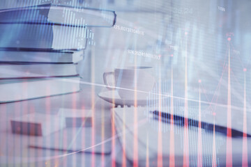 Double exposure of financial chart drawing and desktop with coffee and items on table background. Concept of forex market trading