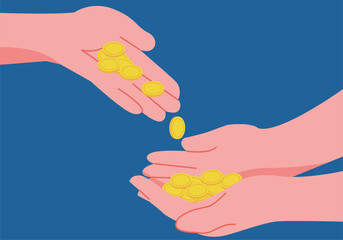 hands giving and recieving money coins. coins of falling money . suitable for donation, charity, payment illustration flat design