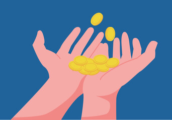 hands giving and recieving money coins. coins of falling money . suitable for donation, charity, payment illustration flat design
