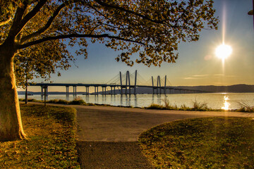 Tarrytown, NY / United States - Sept. 19, 2019: a landscape image of Pierson Park at sunset over the Hudson River.