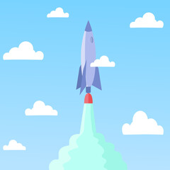 Flying a rocket.Startup brainstorming a new project .Science futuristic concept.Flat vector illustration.