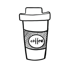 Black and white doodle coffee cup. A cup of hot coffee in doodle style. Hand-drawn image for websites, banners, cards, designers, posters, decor, t shirt design, logo.