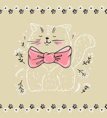 T-shirt print Scandinavian design for kids with hand drawn doodle Kitten. Cat with Bow Tie, Flowers and Cat Paw Prints. Cartoon Animal Vector illustration
