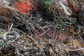 Used colored electric wires collected for recycling factory