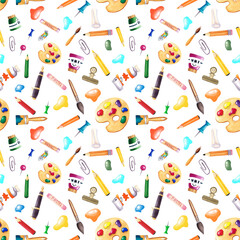 Seamless pattern with hand-drawn watercolor pencils, tube of paint, paper clips, pen, and strokes of paint. Bright colored background with the tools of the artist. Back to school. Stationery.