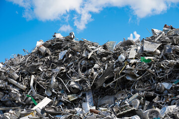 A lot of aluminum collected for processing on the sky background