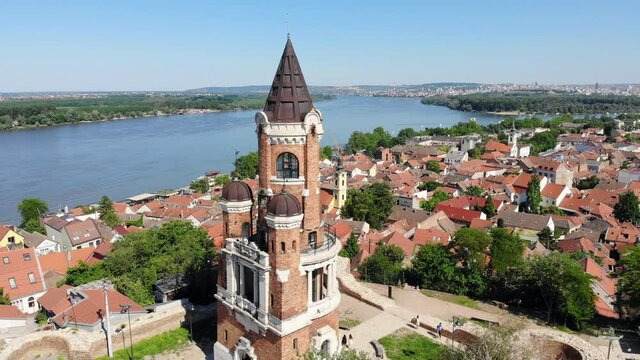 Aerial drone video of Gardos tower in Zemun, city of Belgrade, Serbia