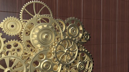 Fototapeta na wymiar Mechanism gold gears and cogs at work on dark blown wood plate background. Industrial machinery. 3D illustration. 3D high quality rendering.