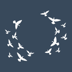 A flock of flying birds. Hand drawing vector illustration set on dark blue background.