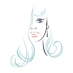 Half woman face with beautiful earring. Recolorable shape isolated from background. Vector illustration is a graphic element for artistic design.