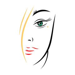 Half woman face with long eyelashes. Recolorable shape isolated from background. Vector illustration is a graphic element for artistic design.
