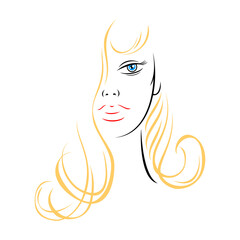 Half woman face with blond hair. Recolorable shape isolated from background. Vector illustration is a graphic element for artistic design.
